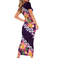 Purple Polynesia Short Sleeve Bodycon Dress Plumeria With Hibiscus Pattern Tropical Vibes