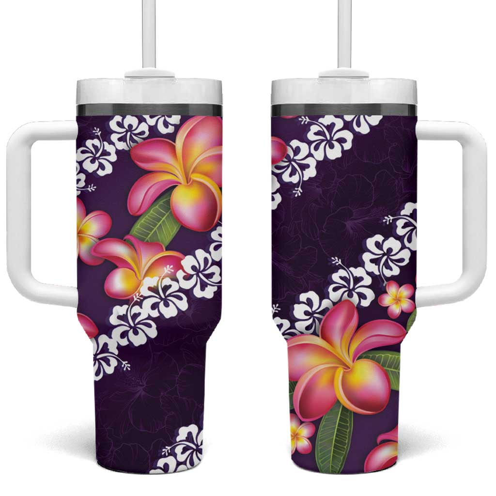 Purple Polynesia Tumbler With Handle Plumeria With Hibiscus Pattern Tropical Vibes LT14 One Size: 40 oz Purple - Polynesian Pride