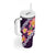 Purple Polynesia Tumbler With Handle Plumeria With Hibiscus Pattern Tropical Vibes