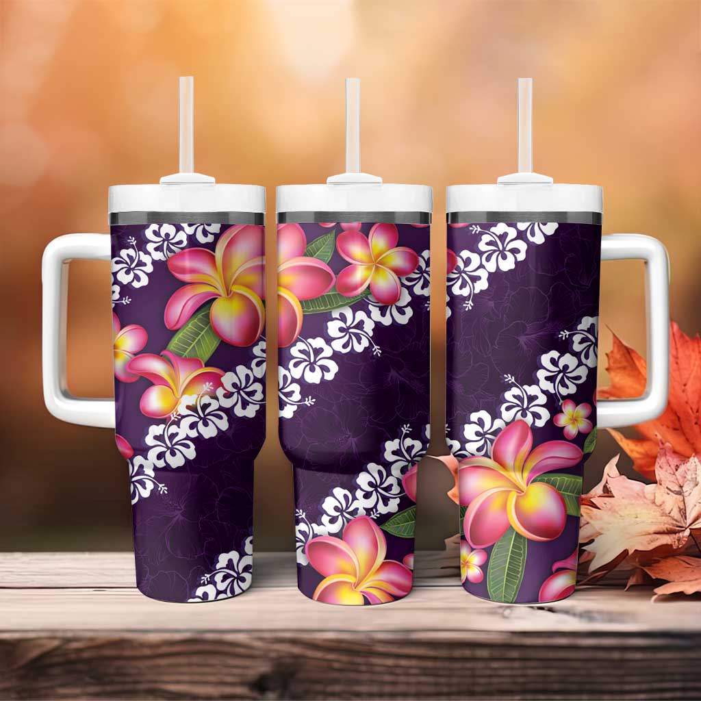 Purple Polynesia Tumbler With Handle Plumeria With Hibiscus Pattern Tropical Vibes LT14 - Polynesian Pride