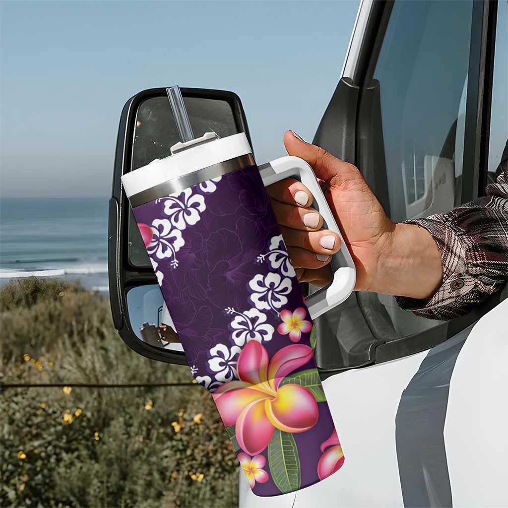 Purple Polynesia Tumbler With Handle Plumeria With Hibiscus Pattern Tropical Vibes LT14 - Polynesian Pride