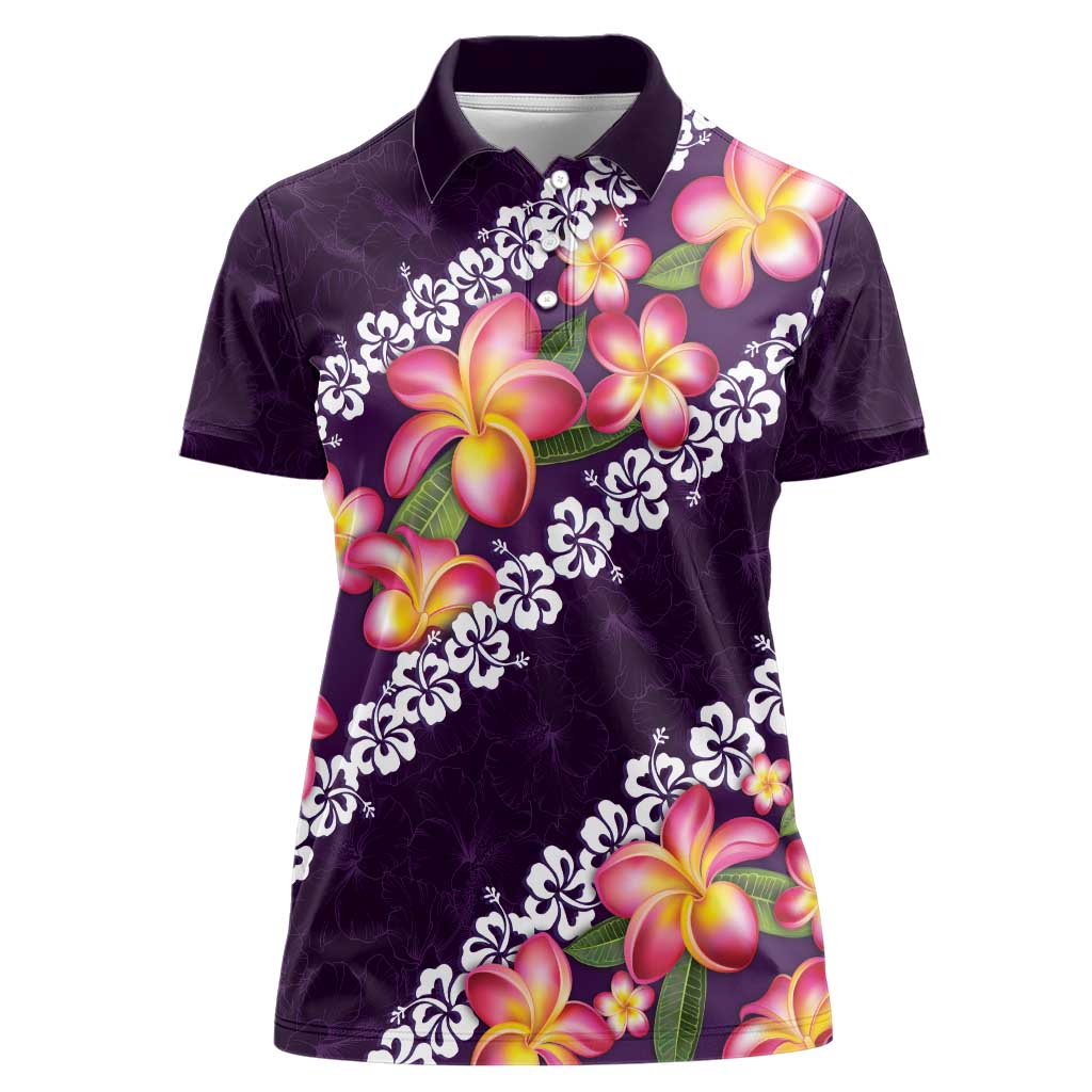 Purple Polynesia Women Polo Shirt Plumeria With Hibiscus Pattern Tropical Vibes