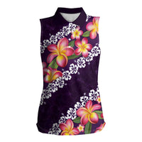 Purple Polynesia Women Sleeveless Polo Shirt Plumeria With Hibiscus Pattern Tropical Vibes