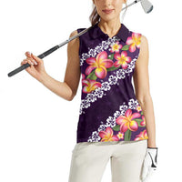 Purple Polynesia Women Sleeveless Polo Shirt Plumeria With Hibiscus Pattern Tropical Vibes