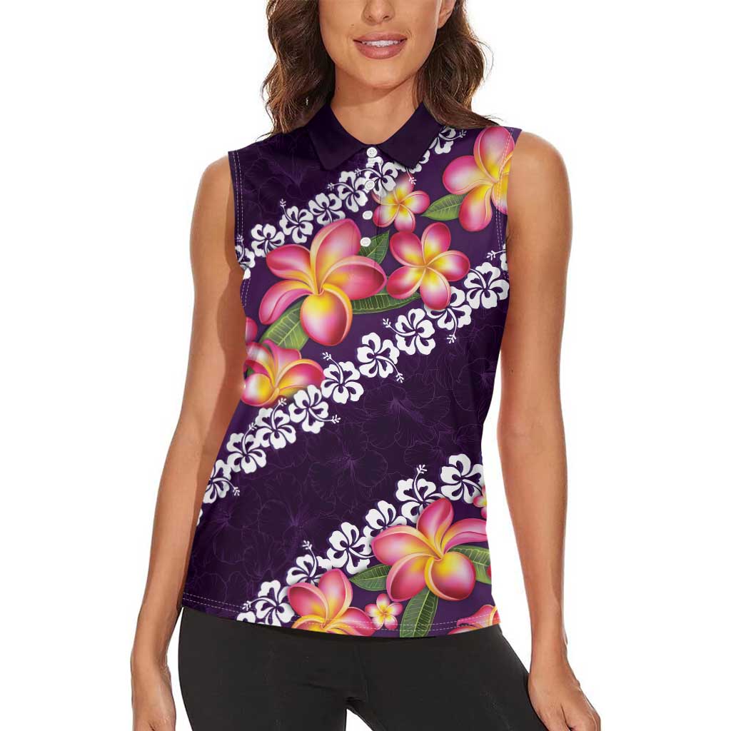 Purple Polynesia Women Sleeveless Polo Shirt Plumeria With Hibiscus Pattern Tropical Vibes