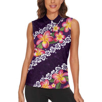 Purple Polynesia Women Sleeveless Polo Shirt Plumeria With Hibiscus Pattern Tropical Vibes