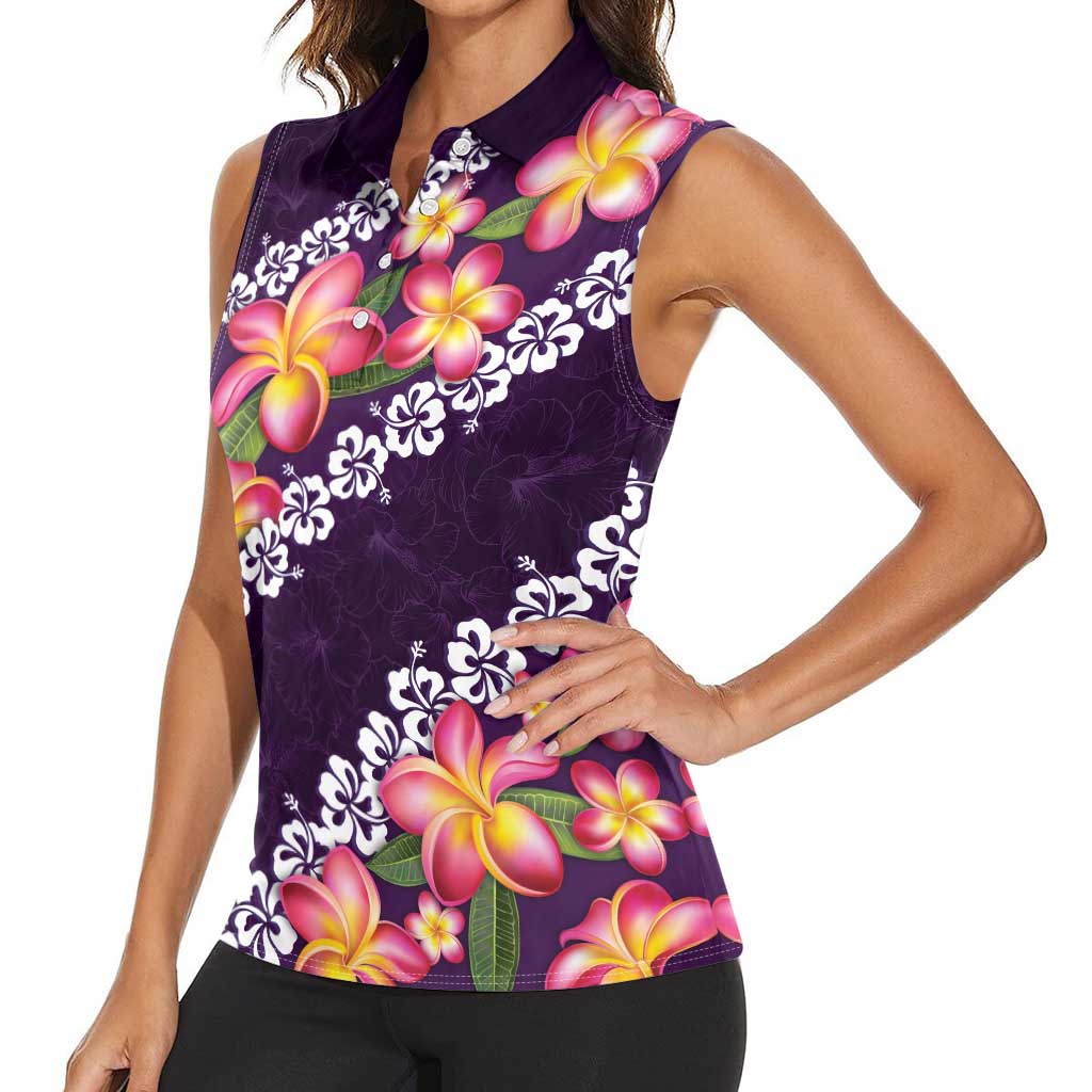 Purple Polynesia Women Sleeveless Polo Shirt Plumeria With Hibiscus Pattern Tropical Vibes