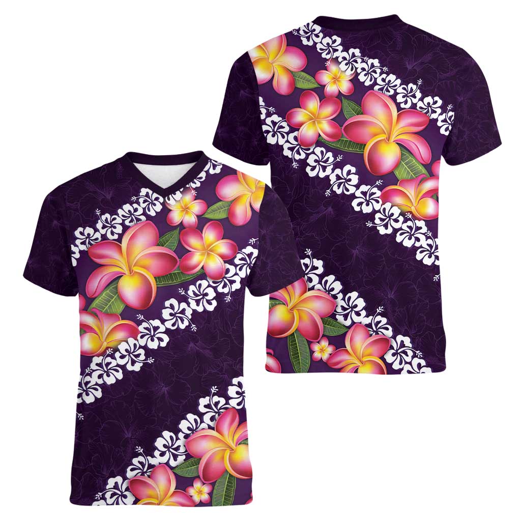 Purple Polynesia Women V-Neck T-Shirt Plumeria With Hibiscus Pattern Tropical Vibes