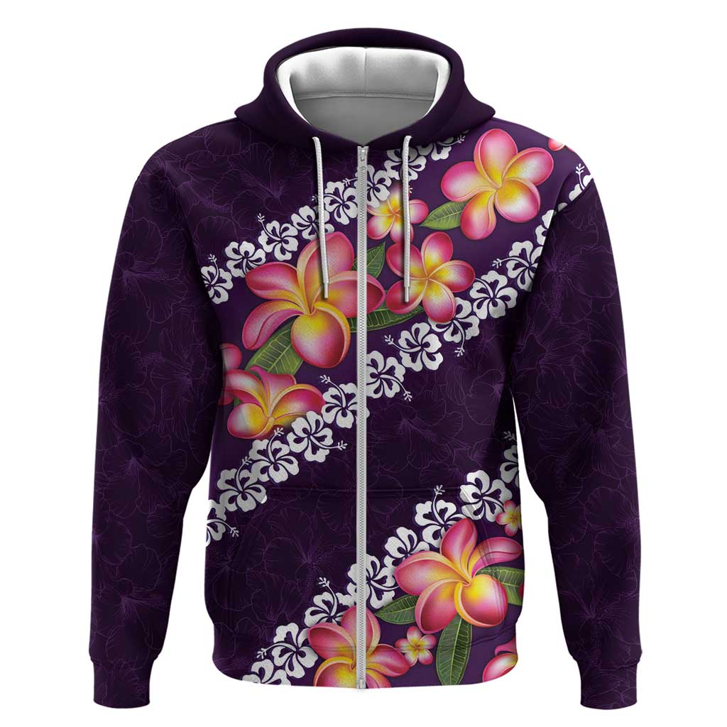 Purple Polynesia Zip Hoodie Plumeria With Hibiscus Pattern Tropical Vibes