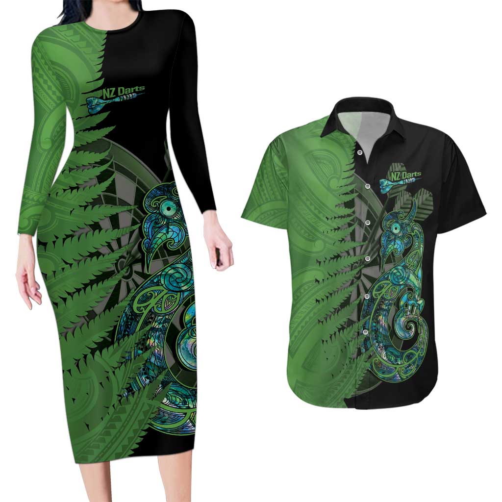 Personalised New Zealand Darts Couples Matching Long Sleeve Bodycon Dress and Hawaiian Shirt Aotearoa Maori Fern Mix Manaia Tattoo LT14 Green - Polynesian Pride