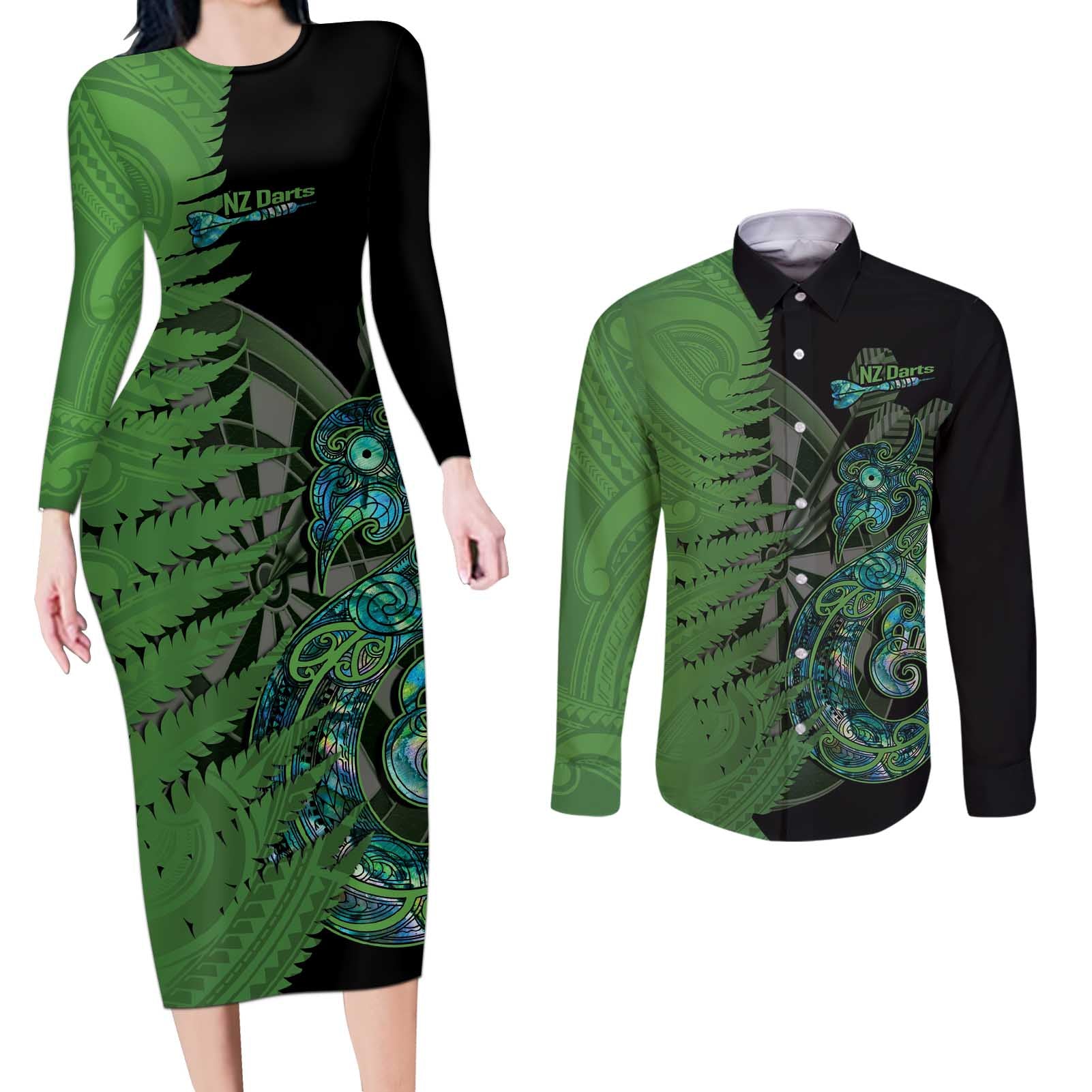 Personalised New Zealand Darts Couples Matching Long Sleeve Bodycon Dress and Long Sleeve Button Shirt Aotearoa Maori Fern Mix Manaia Tattoo