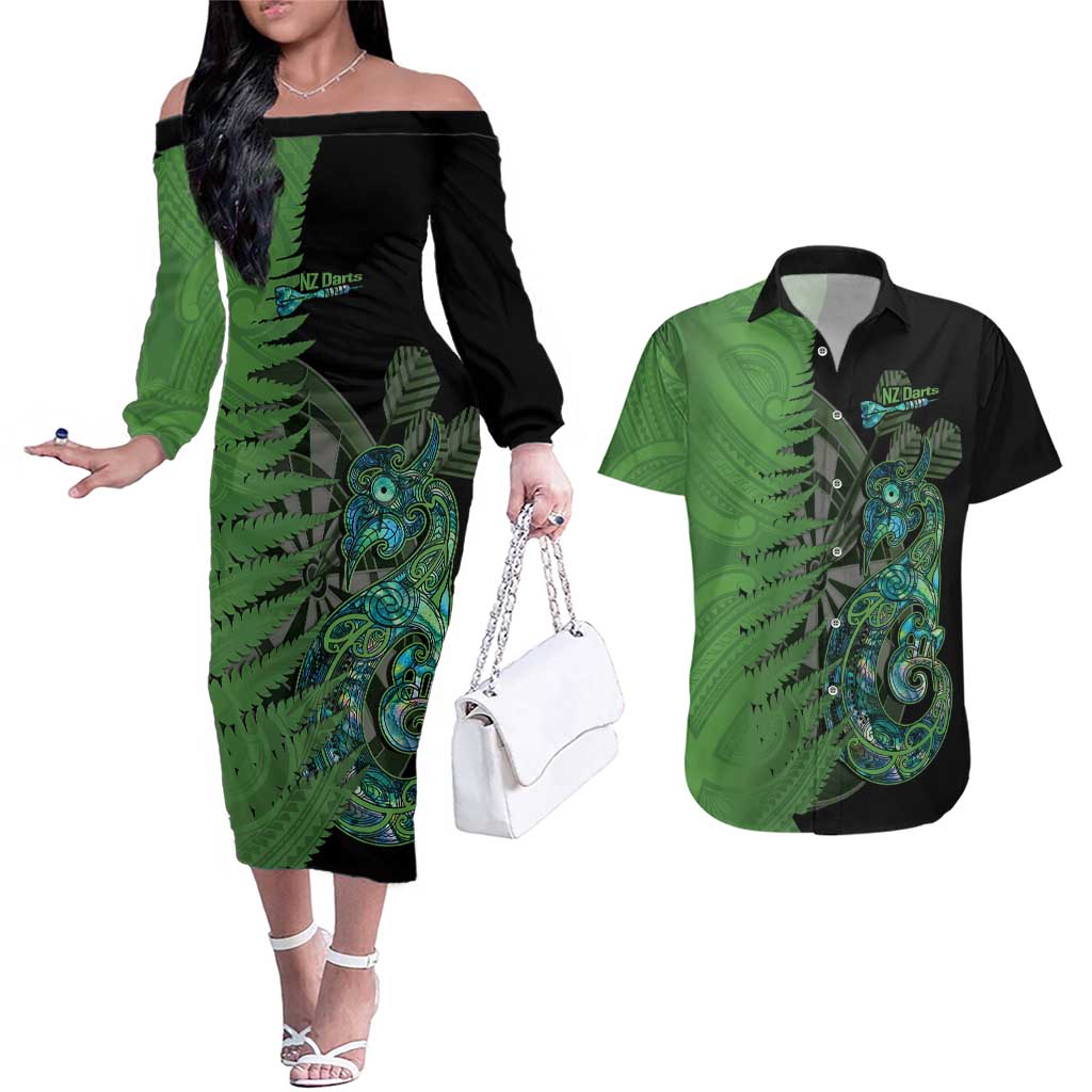 Personalised New Zealand Darts Couples Matching Off The Shoulder Long Sleeve Dress and Hawaiian Shirt Aotearoa Maori Fern Mix Manaia Tattoo LT14 Green - Polynesian Pride