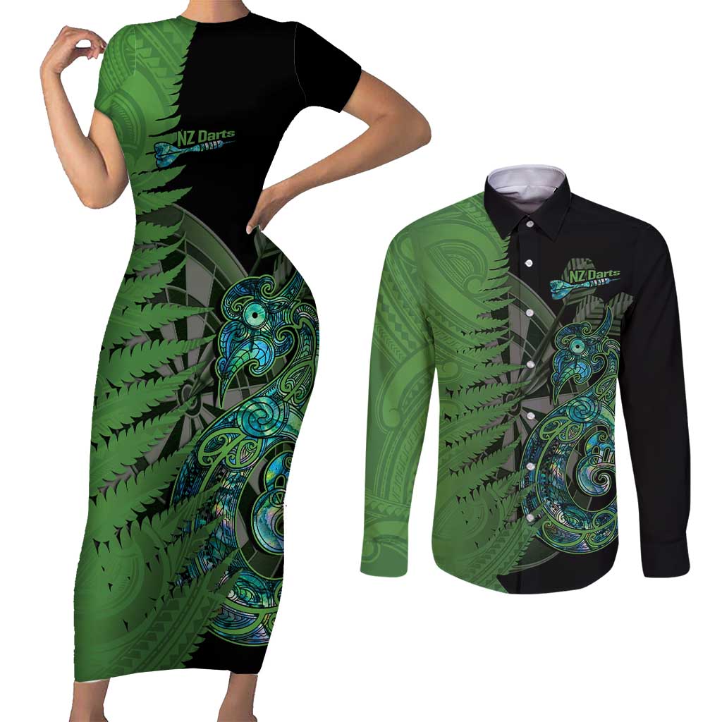 Personalised New Zealand Darts Couples Matching Short Sleeve Bodycon Dress and Long Sleeve Button Shirt Aotearoa Maori Fern Mix Manaia Tattoo