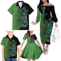 Personalised New Zealand Darts Family Matching Off The Shoulder Long Sleeve Dress and Hawaiian Shirt Aotearoa Maori Fern Mix Manaia Tattoo