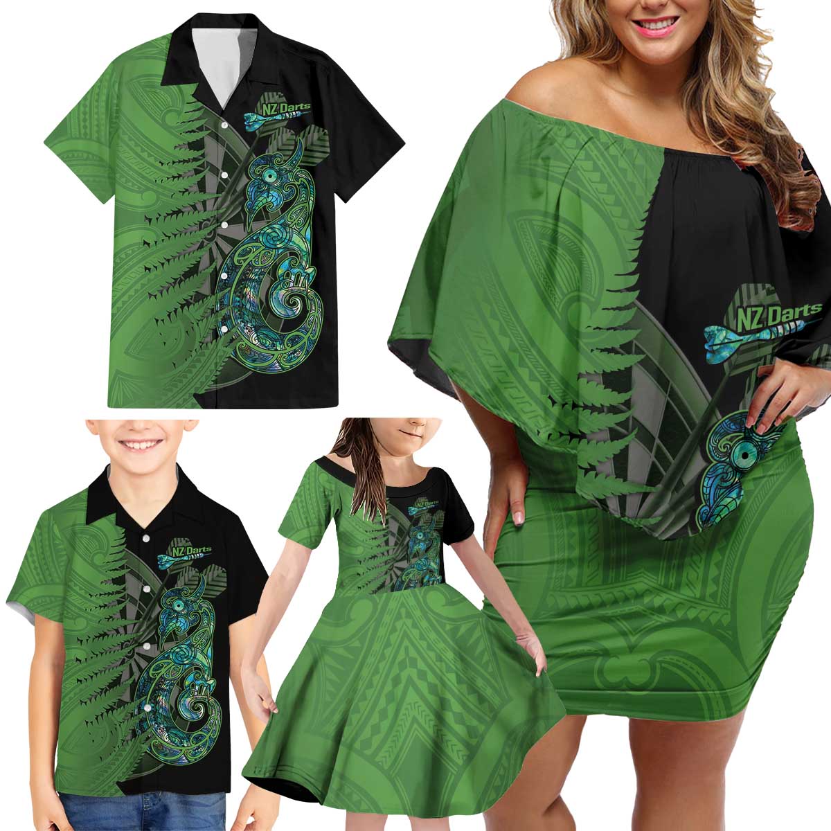 Personalised New Zealand Darts Family Matching Off Shoulder Short Dress and Hawaiian Shirt Aotearoa Maori Fern Mix Manaia Tattoo LT14 - Polynesian Pride