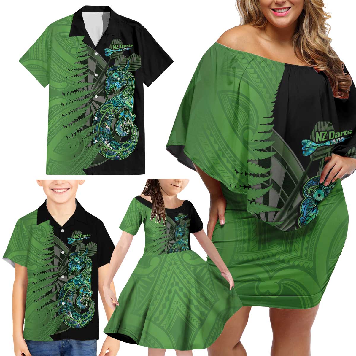 Personalised New Zealand Darts Family Matching Off Shoulder Short Dress and Hawaiian Shirt Aotearoa Maori Fern Mix Manaia Tattoo