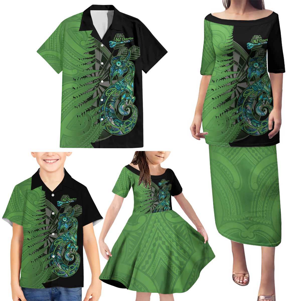 Personalised New Zealand Darts Family Matching Puletasi and Hawaiian Shirt Aotearoa Maori Fern Mix Manaia Tattoo