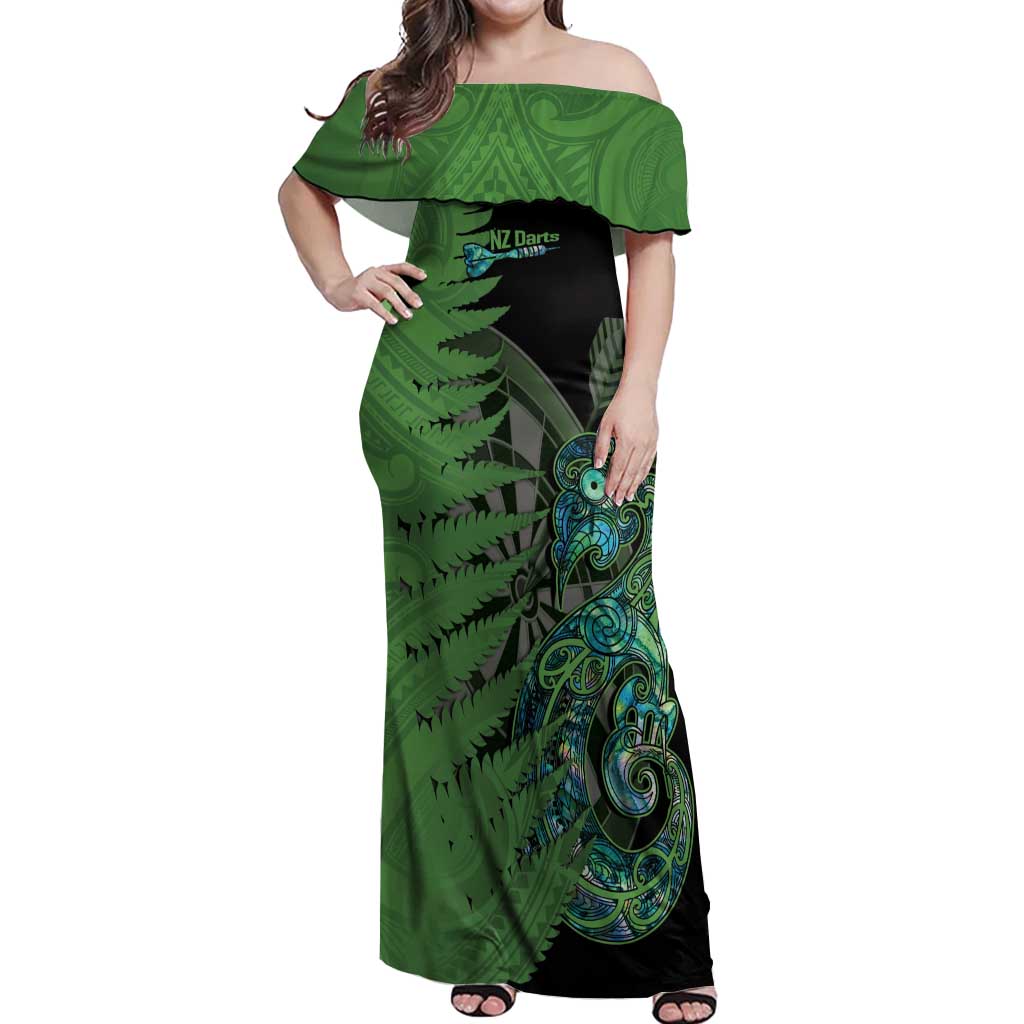 Personalised New Zealand Darts Off Shoulder Maxi Dress Aotearoa Maori Fern Mix Manaia Tattoo LT14 Women Green - Polynesian Pride