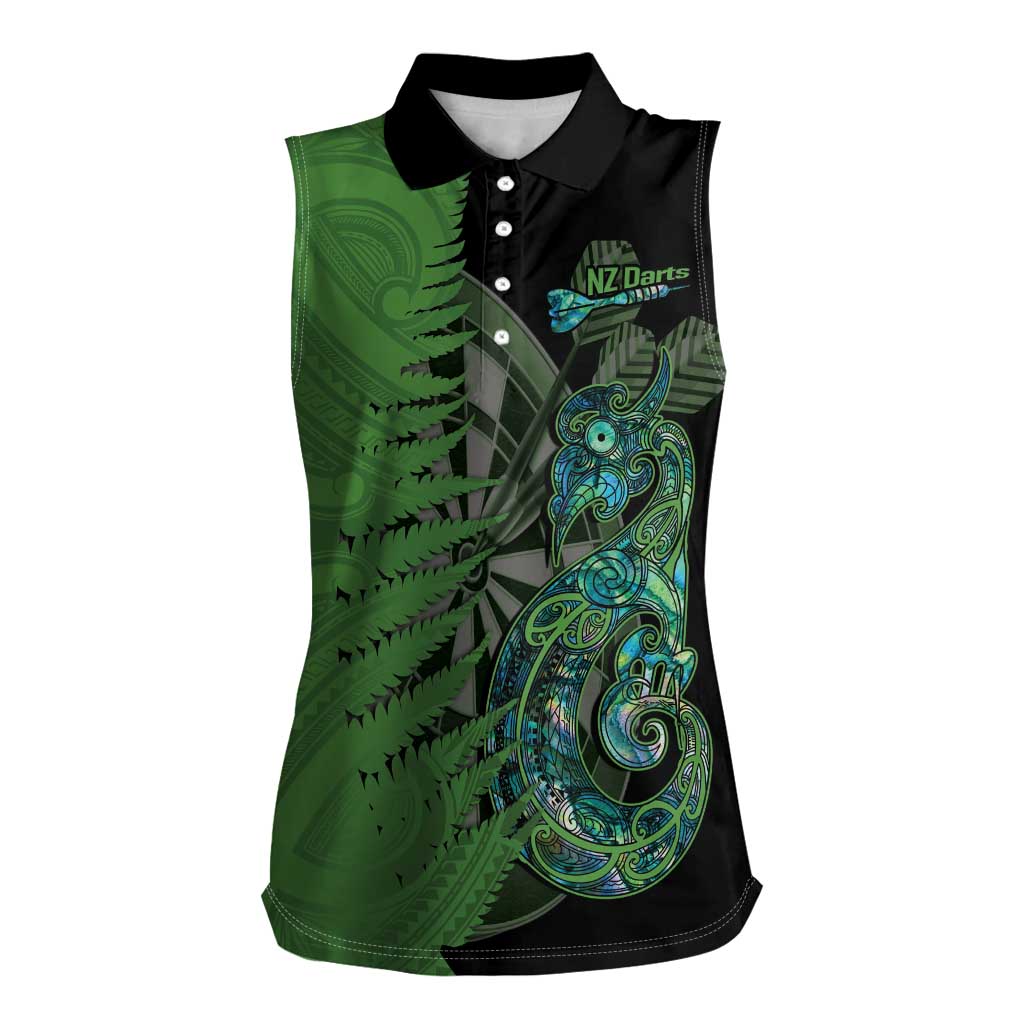 Personalised New Zealand Darts Women Sleeveless Polo Shirt Aotearoa Maori Fern Mix Manaia Tattoo