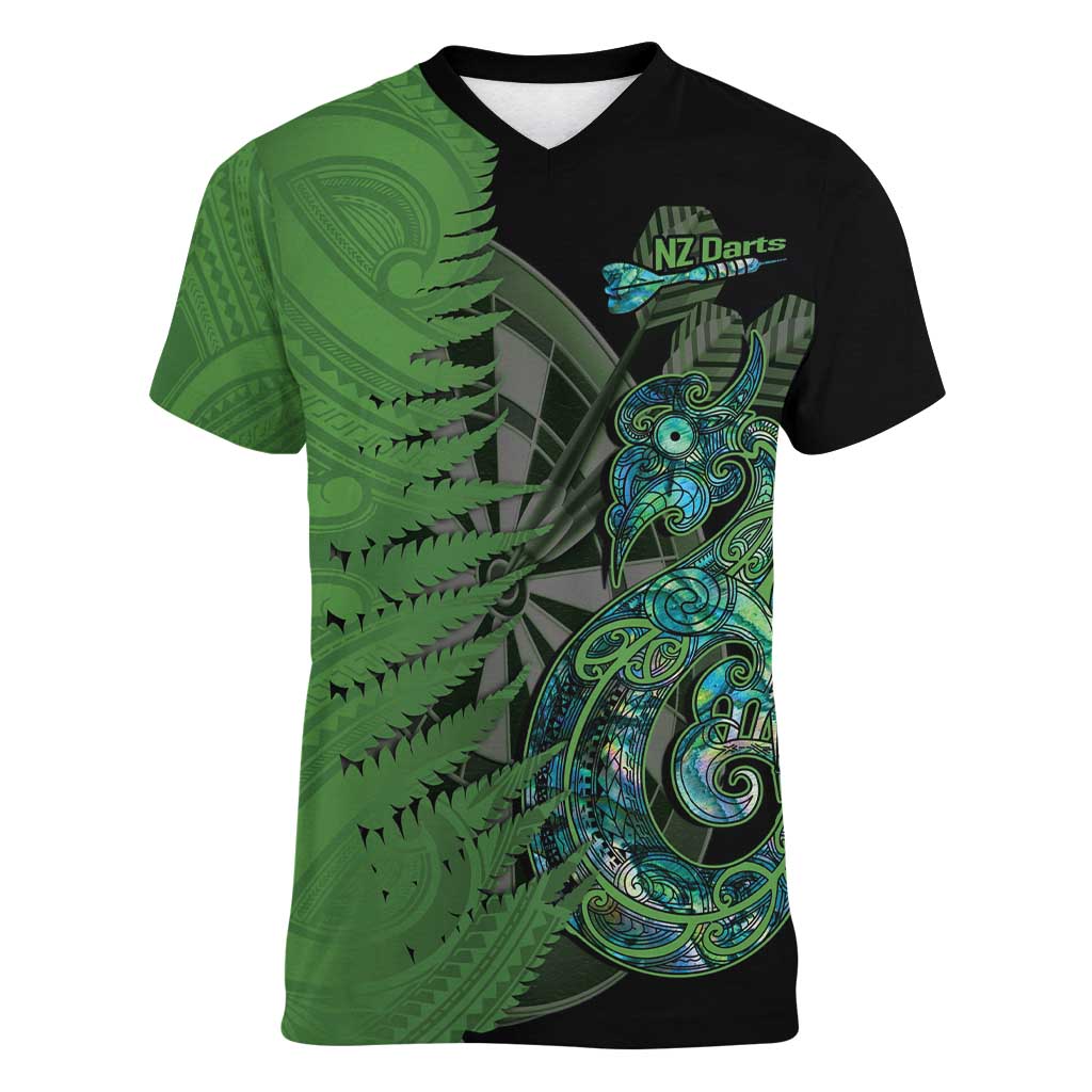 Personalised New Zealand Darts Women V-Neck T-Shirt Aotearoa Maori Fern Mix Manaia Tattoo