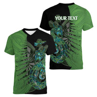 Personalised New Zealand Darts Women V-Neck T-Shirt Aotearoa Maori Fern Mix Manaia Tattoo