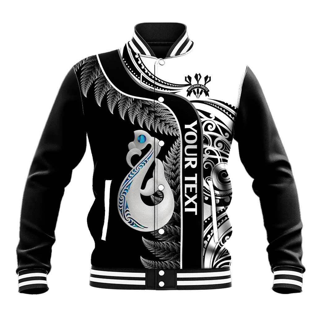 Personalised New Zealand Darts Baseball Jacket Aotearoa Fern Mix Paua Shell Manaia - Black