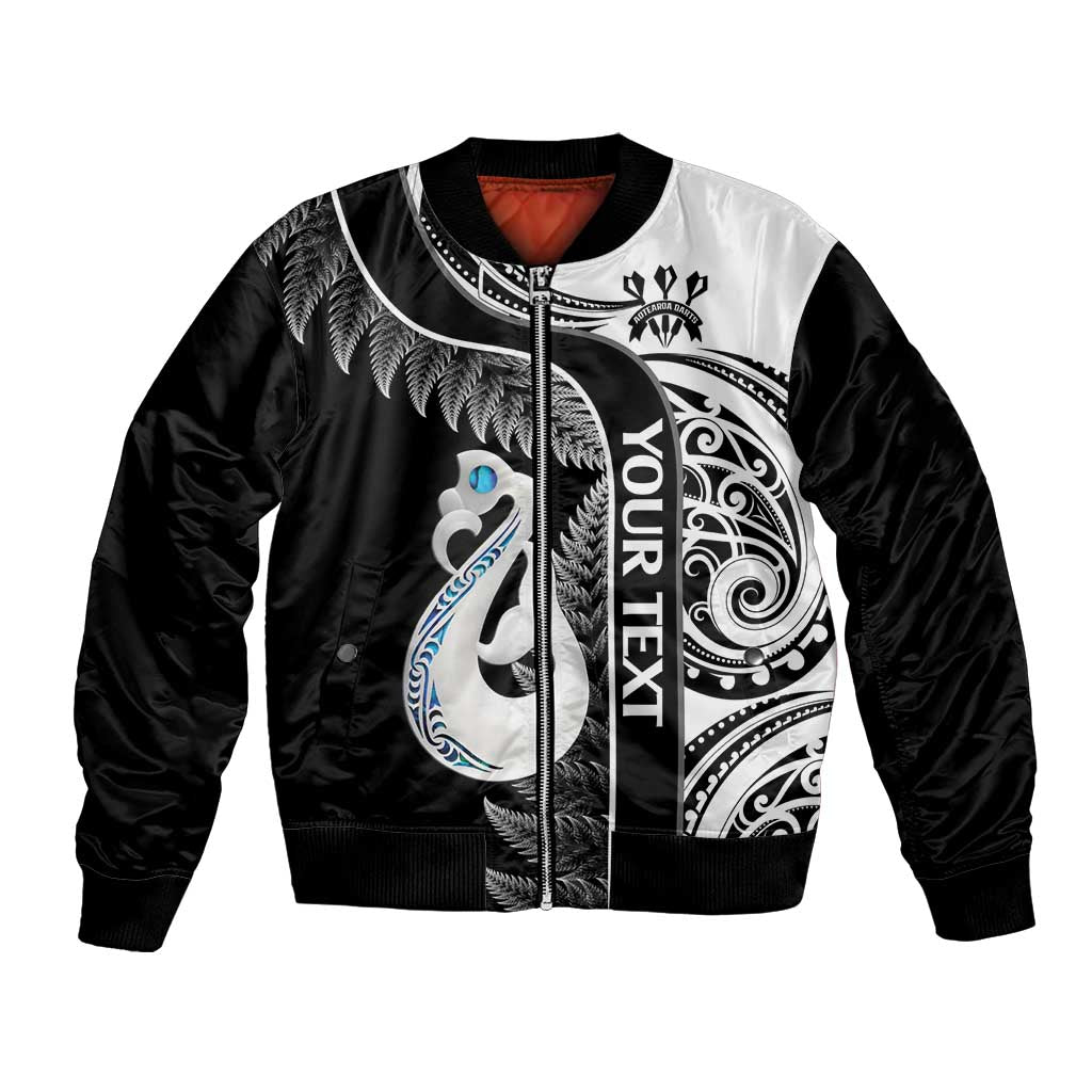 Personalised New Zealand Darts Bomber Jacket Aotearoa Fern Mix Paua Shell Manaia - Black