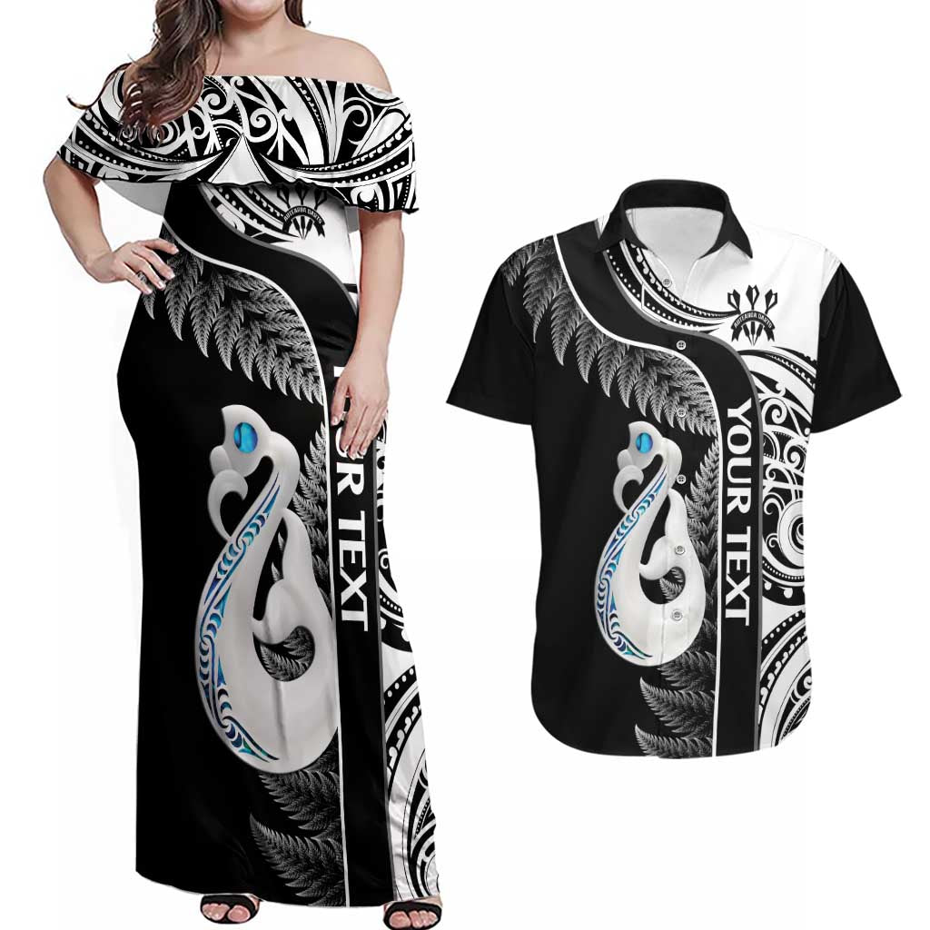 Personalised New Zealand Darts Couples Matching Off Shoulder Maxi Dress and Hawaiian Shirt Aotearoa Fern Mix Paua Shell Manaia - Black