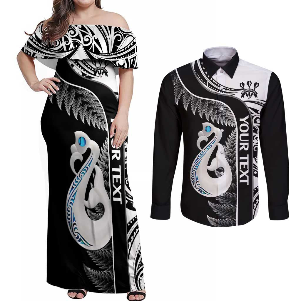 Personalised New Zealand Darts Couples Matching Off Shoulder Maxi Dress and Long Sleeve Button Shirt Aotearoa Fern Mix Paua Shell Manaia - Black