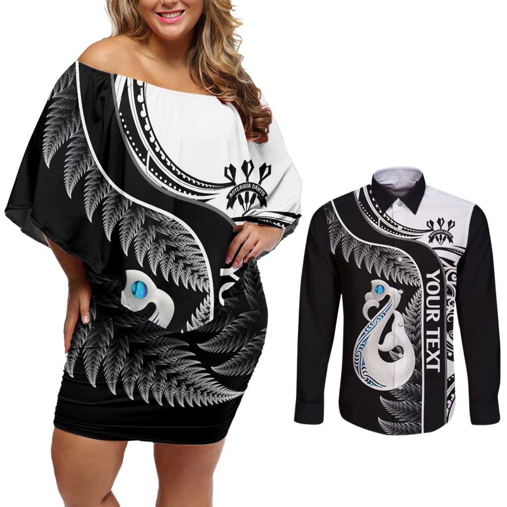 Personalised New Zealand Darts Couples Matching Off Shoulder Short Dress and Long Sleeve Button Shirt Aotearoa Fern Mix Paua Shell Manaia - Black