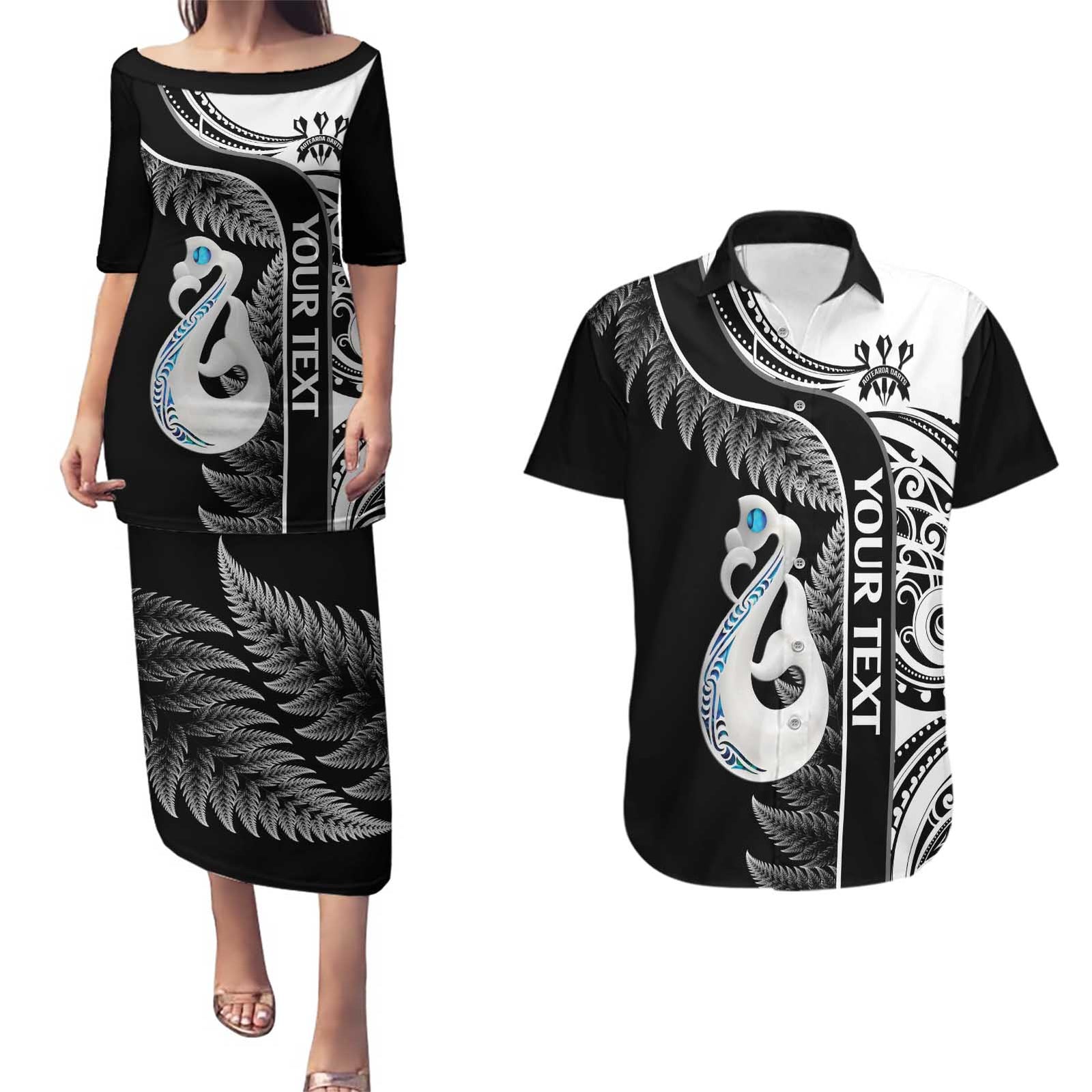 Personalised New Zealand Darts Couples Matching Puletasi and Hawaiian Shirt Aotearoa Fern Mix Paua Shell Manaia - Black LT14 Black - Polynesian Pride