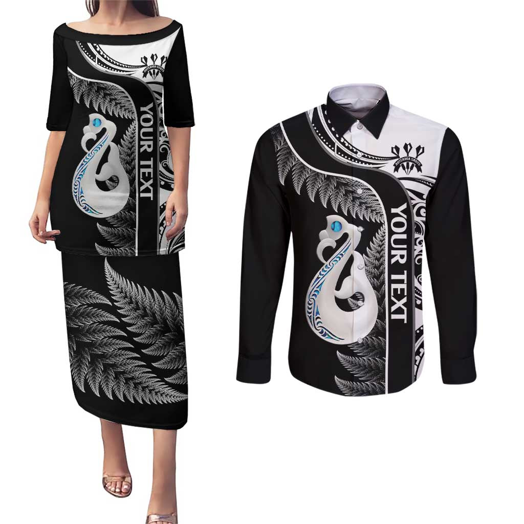 Personalised New Zealand Darts Couples Matching Puletasi and Long Sleeve Button Shirt Aotearoa Fern Mix Paua Shell Manaia - Black