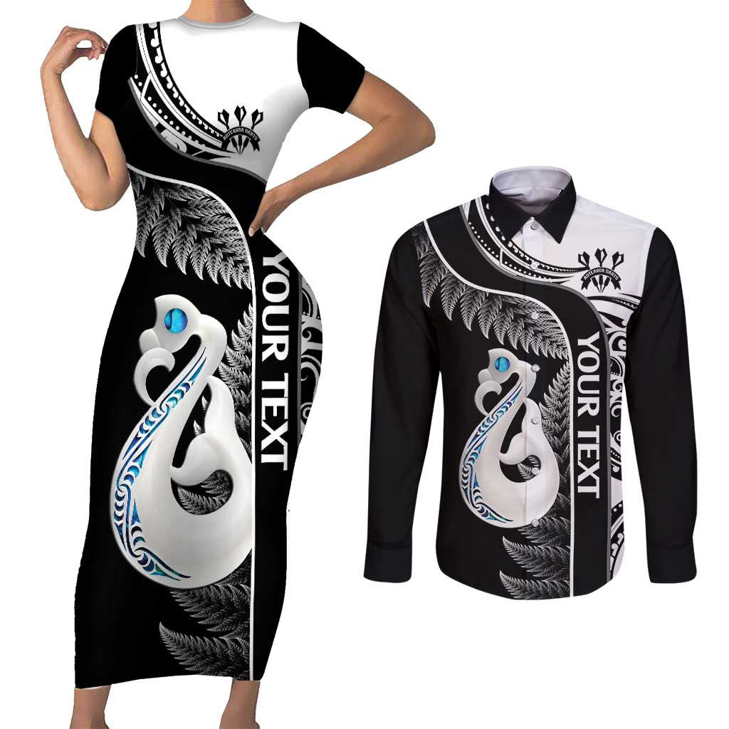 Personalised New Zealand Darts Couples Matching Short Sleeve Bodycon Dress and Long Sleeve Button Shirt Aotearoa Fern Mix Paua Shell Manaia - Black