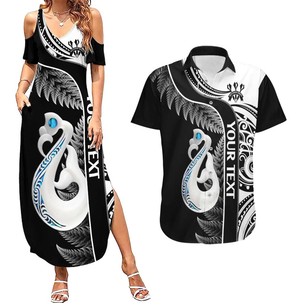 Personalised New Zealand Darts Couples Matching Summer Maxi Dress and Hawaiian Shirt Aotearoa Fern Mix Paua Shell Manaia - Black