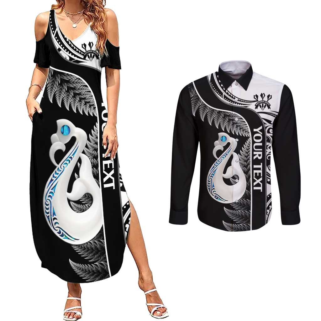 Personalised New Zealand Darts Couples Matching Summer Maxi Dress and Long Sleeve Button Shirt Aotearoa Fern Mix Paua Shell Manaia - Black