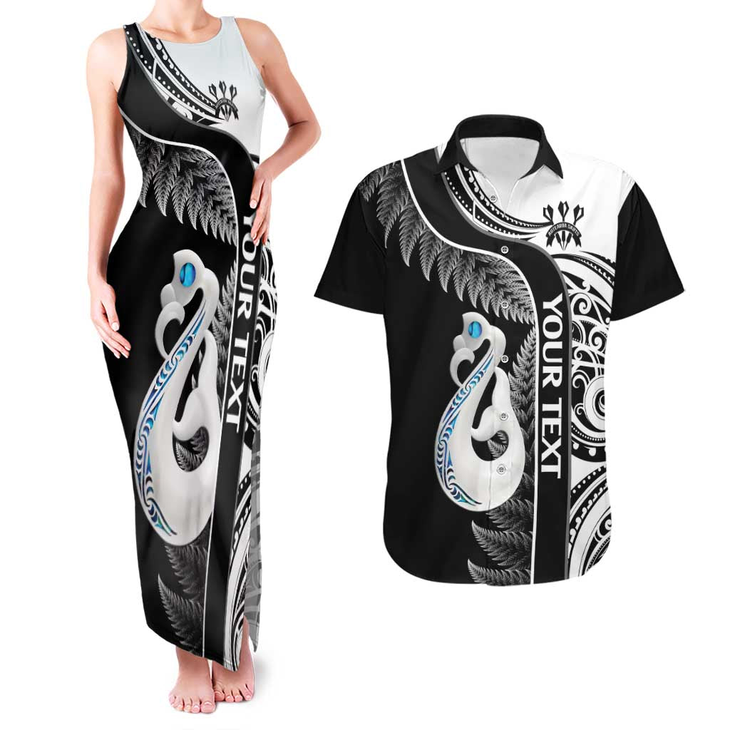 Personalised New Zealand Darts Couples Matching Tank Maxi Dress and Hawaiian Shirt Aotearoa Fern Mix Paua Shell Manaia - Black