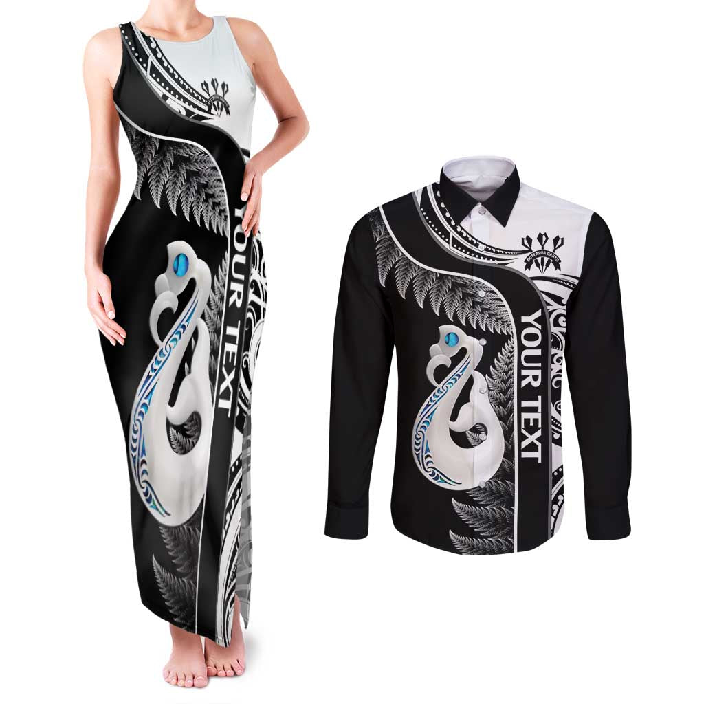 Personalised New Zealand Darts Couples Matching Tank Maxi Dress and Long Sleeve Button Shirt Aotearoa Fern Mix Paua Shell Manaia - Black