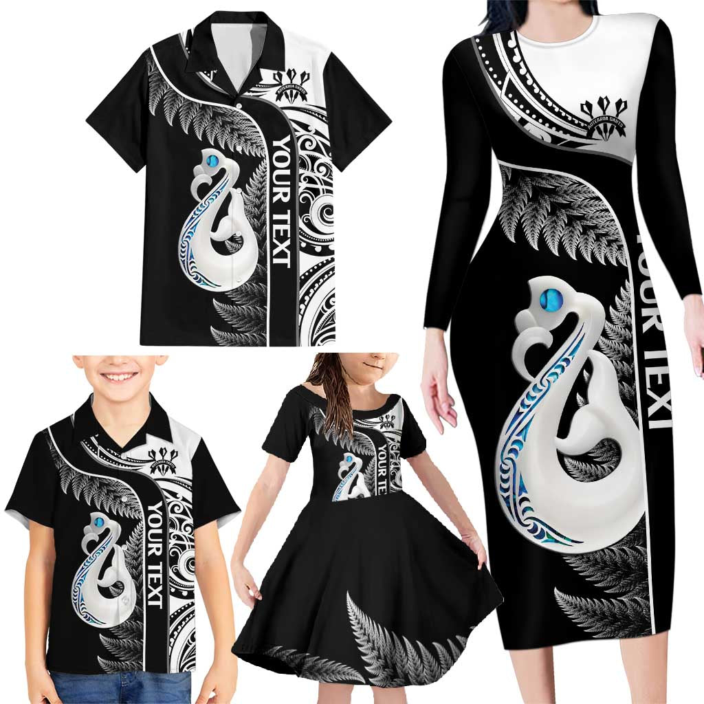 Personalised New Zealand Darts Family Matching Long Sleeve Bodycon Dress and Hawaiian Shirt Aotearoa Fern Mix Paua Shell Manaia - Black LT14 - Polynesian Pride