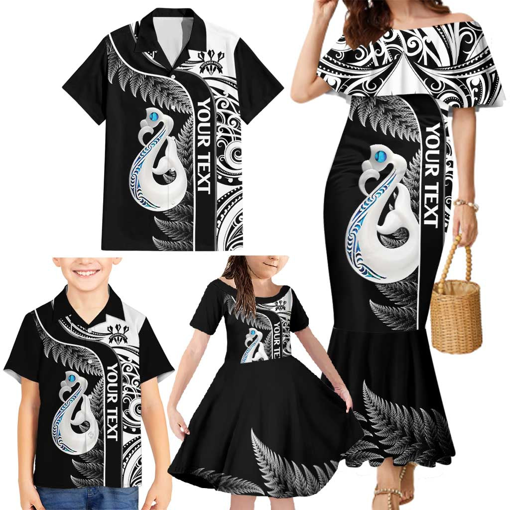 Personalised New Zealand Darts Family Matching Mermaid Dress and Hawaiian Shirt Aotearoa Fern Mix Paua Shell Manaia - Black