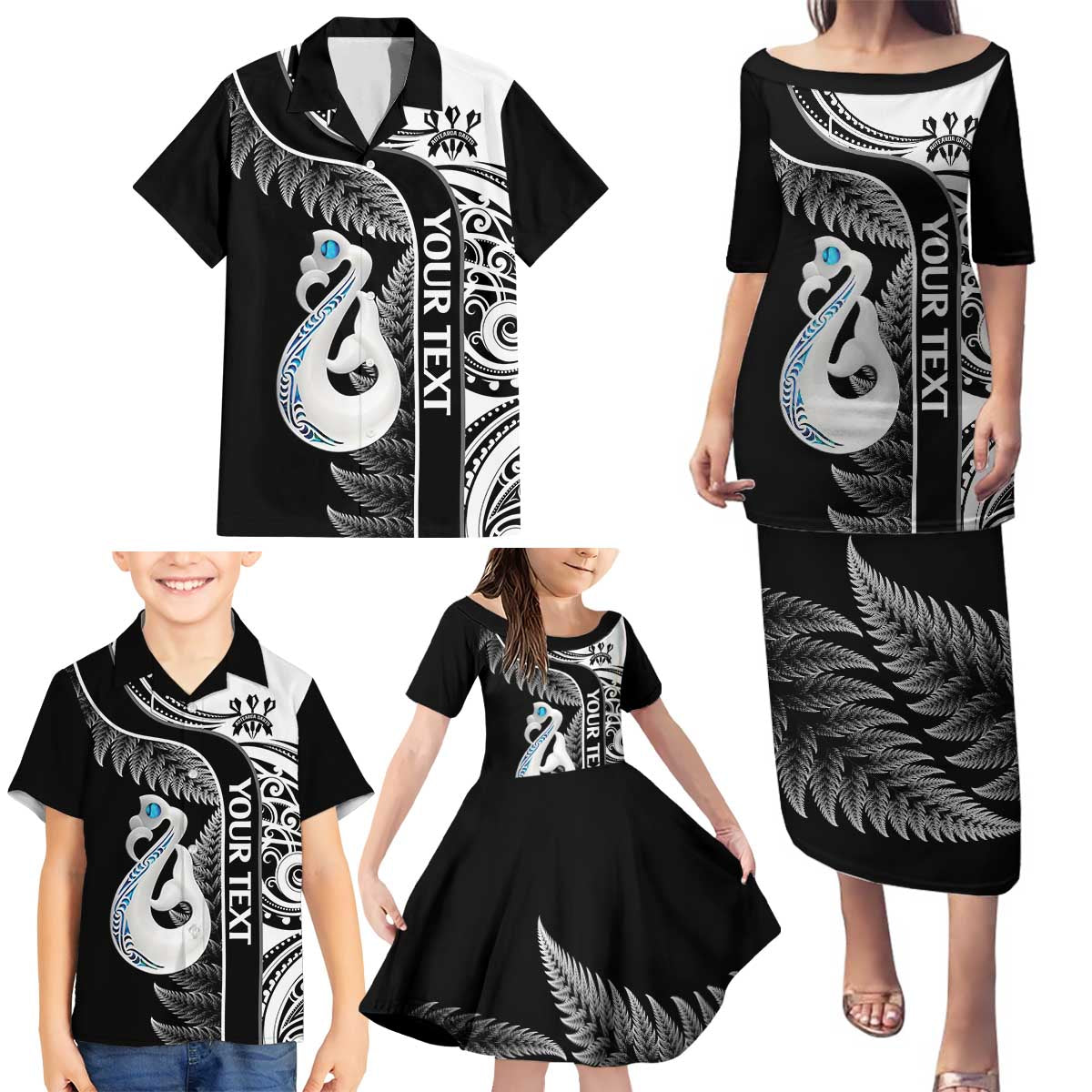 Personalised New Zealand Darts Family Matching Puletasi and Hawaiian Shirt Aotearoa Fern Mix Paua Shell Manaia - Black LT14 - Polynesian Pride