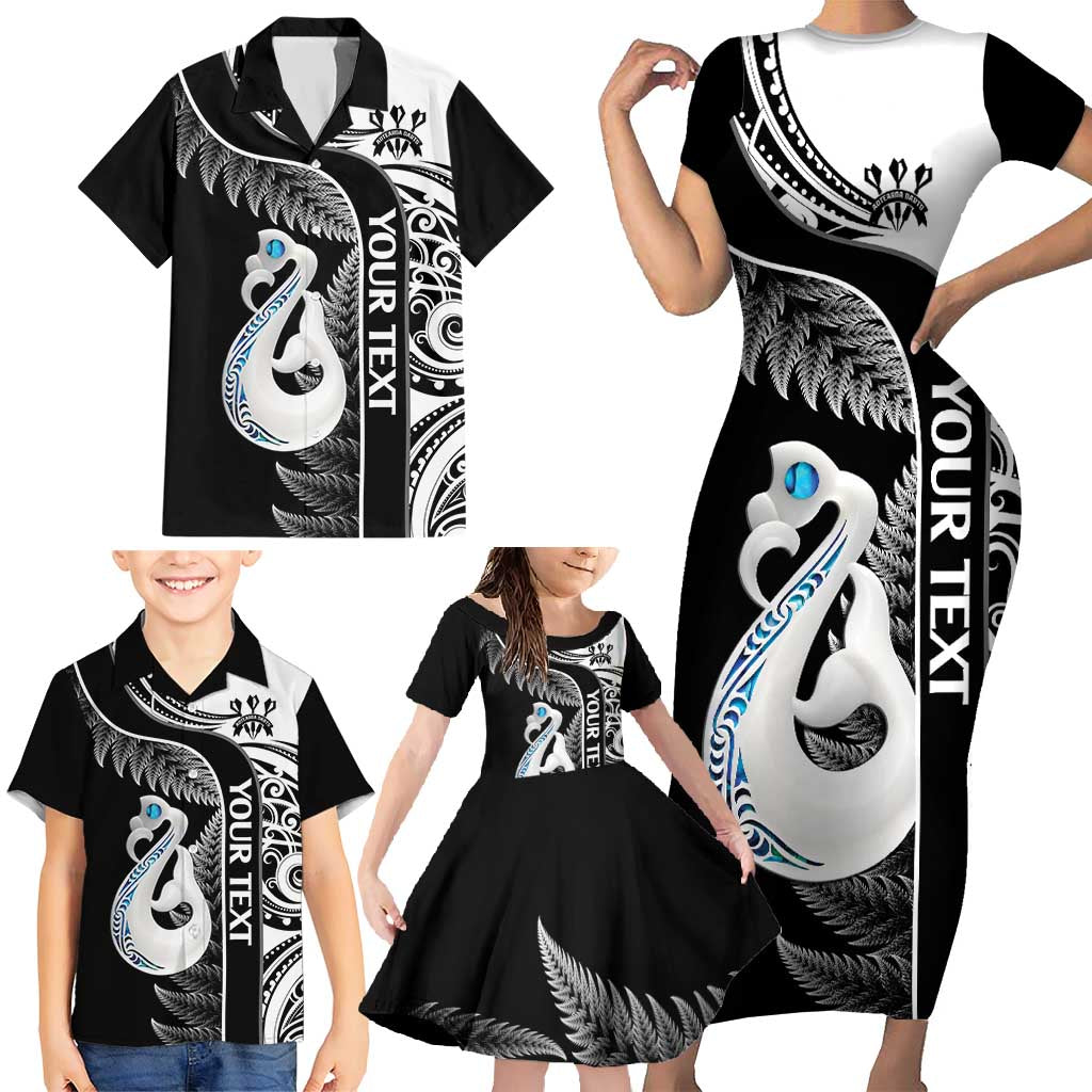 Personalised New Zealand Darts Family Matching Short Sleeve Bodycon Dress and Hawaiian Shirt Aotearoa Fern Mix Paua Shell Manaia - Black