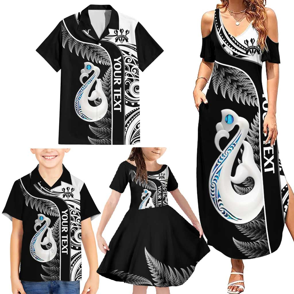 Personalised New Zealand Darts Family Matching Summer Maxi Dress and Hawaiian Shirt Aotearoa Fern Mix Paua Shell Manaia - Black