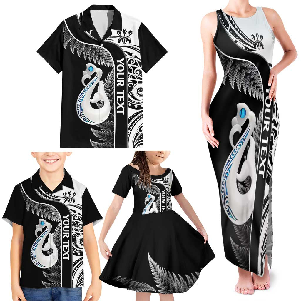 Personalised New Zealand Darts Family Matching Tank Maxi Dress and Hawaiian Shirt Aotearoa Fern Mix Paua Shell Manaia - Black LT14 - Polynesian Pride