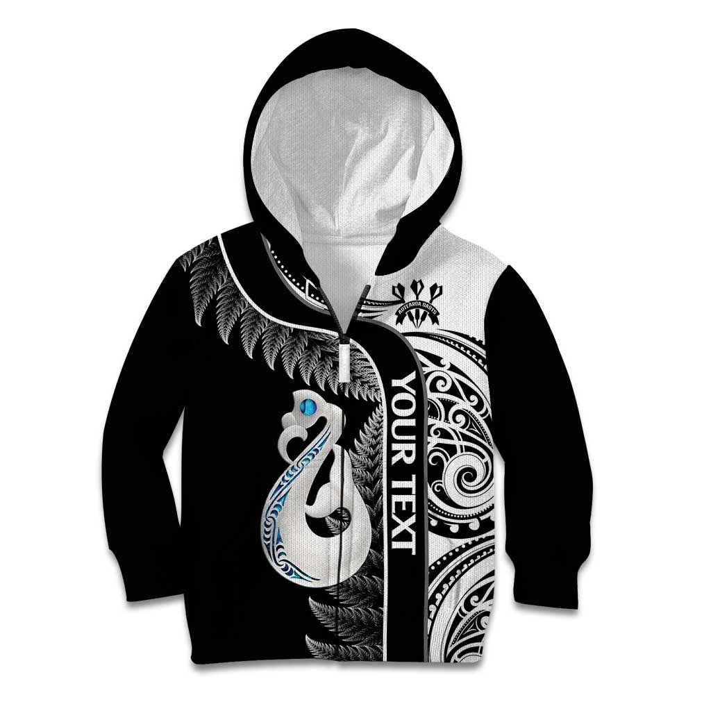 Personalised New Zealand Darts Kid Hoodie Aotearoa Fern Mix Paua Shell Manaia - Black