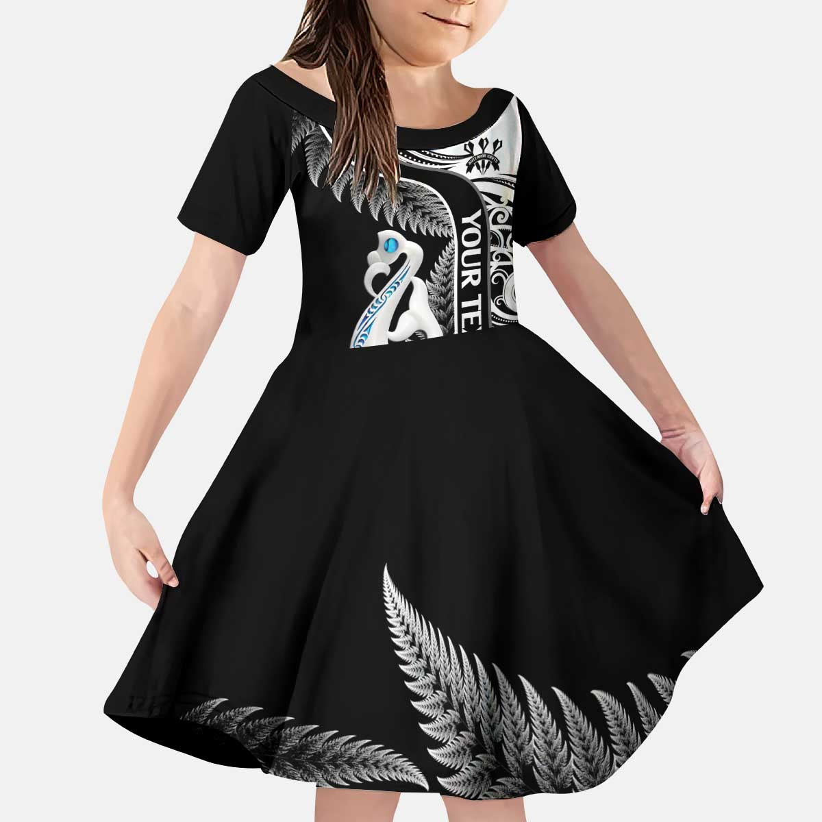 Personalised New Zealand Darts Kid Short Sleeve Dress Aotearoa Fern Mix Paua Shell Manaia - Black