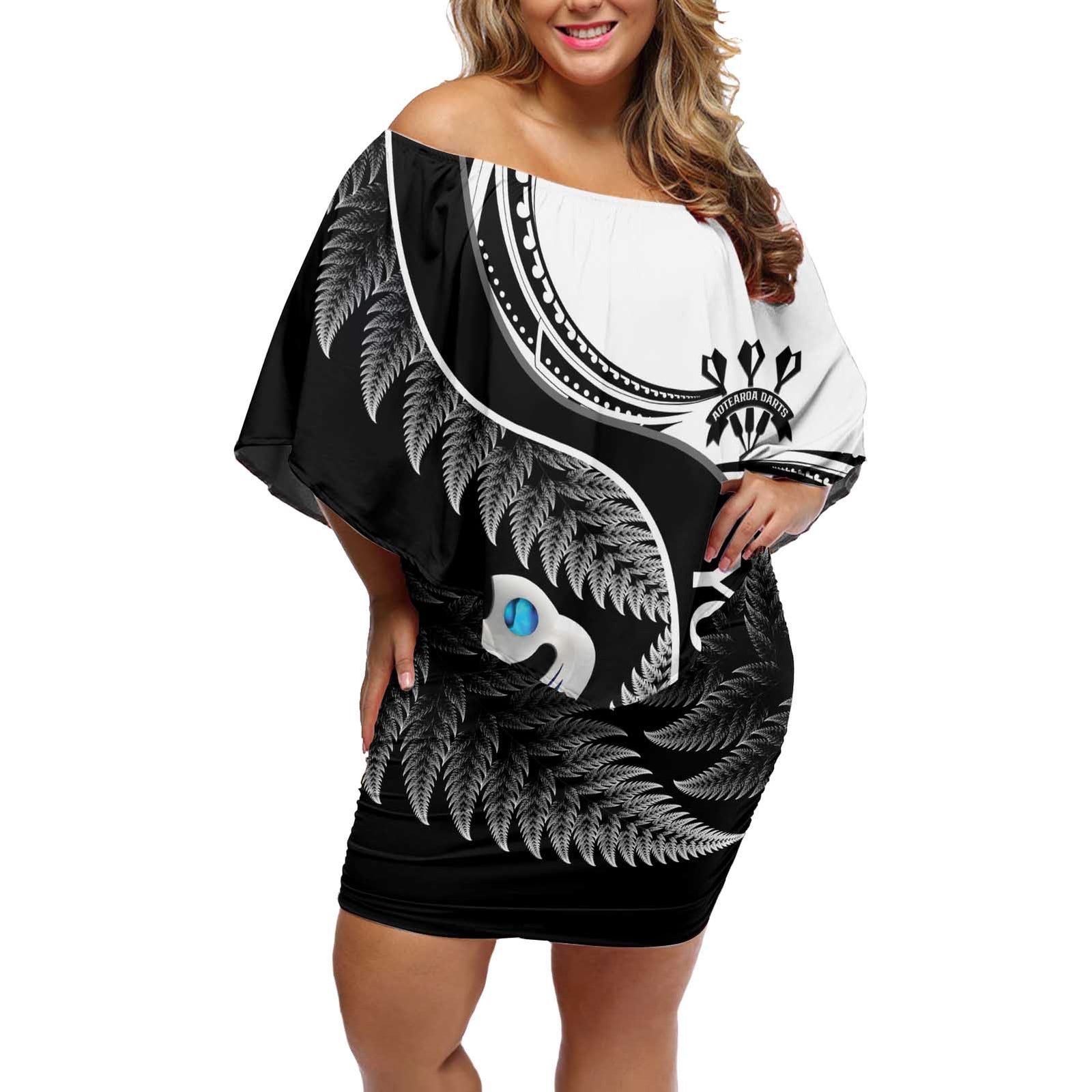 Personalised New Zealand Darts Off Shoulder Short Dress Aotearoa Fern Mix Paua Shell Manaia - Black LT14 Women Black - Polynesian Pride