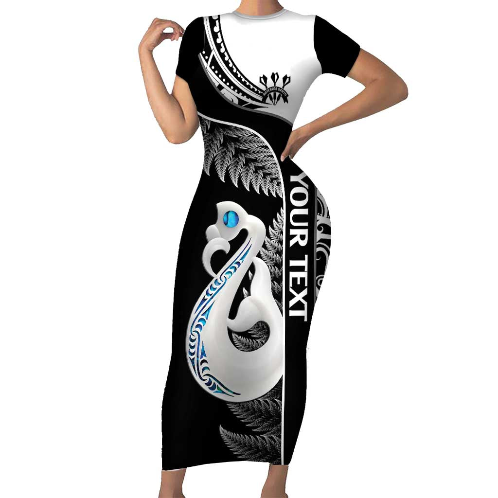 Personalised New Zealand Darts Short Sleeve Bodycon Dress Aotearoa Fern Mix Paua Shell Manaia - Black