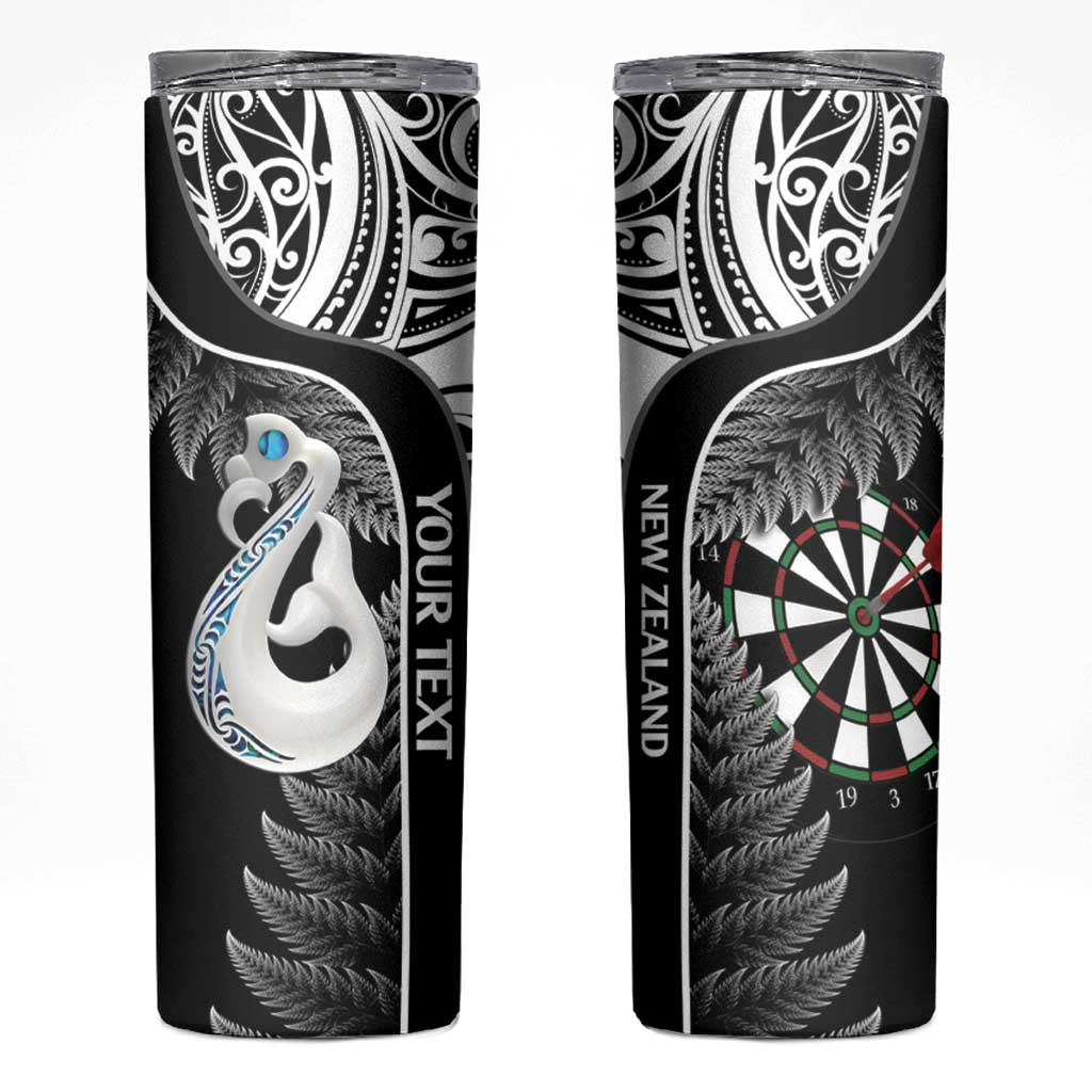 Personalised New Zealand Darts Skinny Tumbler Aotearoa Fern Mix Paua Shell Manaia - Black