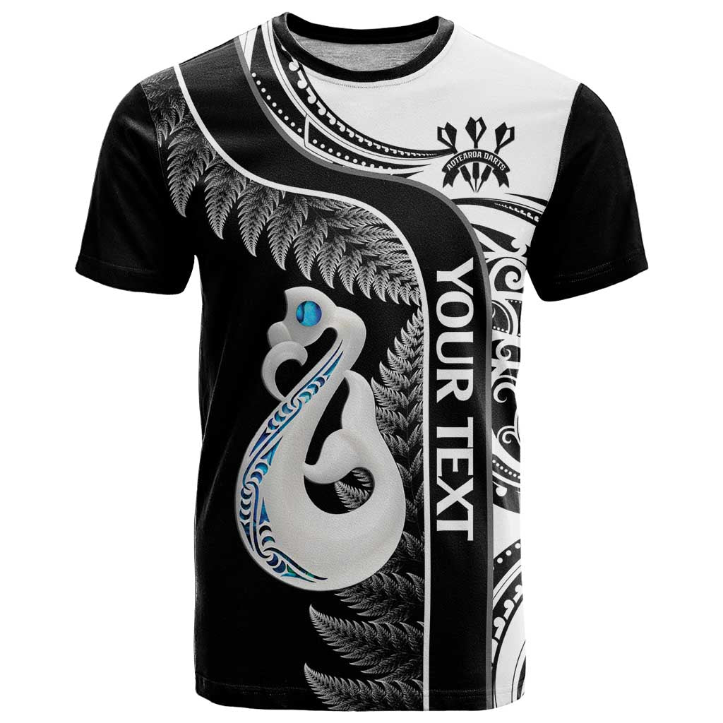 Personalised New Zealand Darts T Shirt Aotearoa Fern Mix Paua Shell Manaia - Black