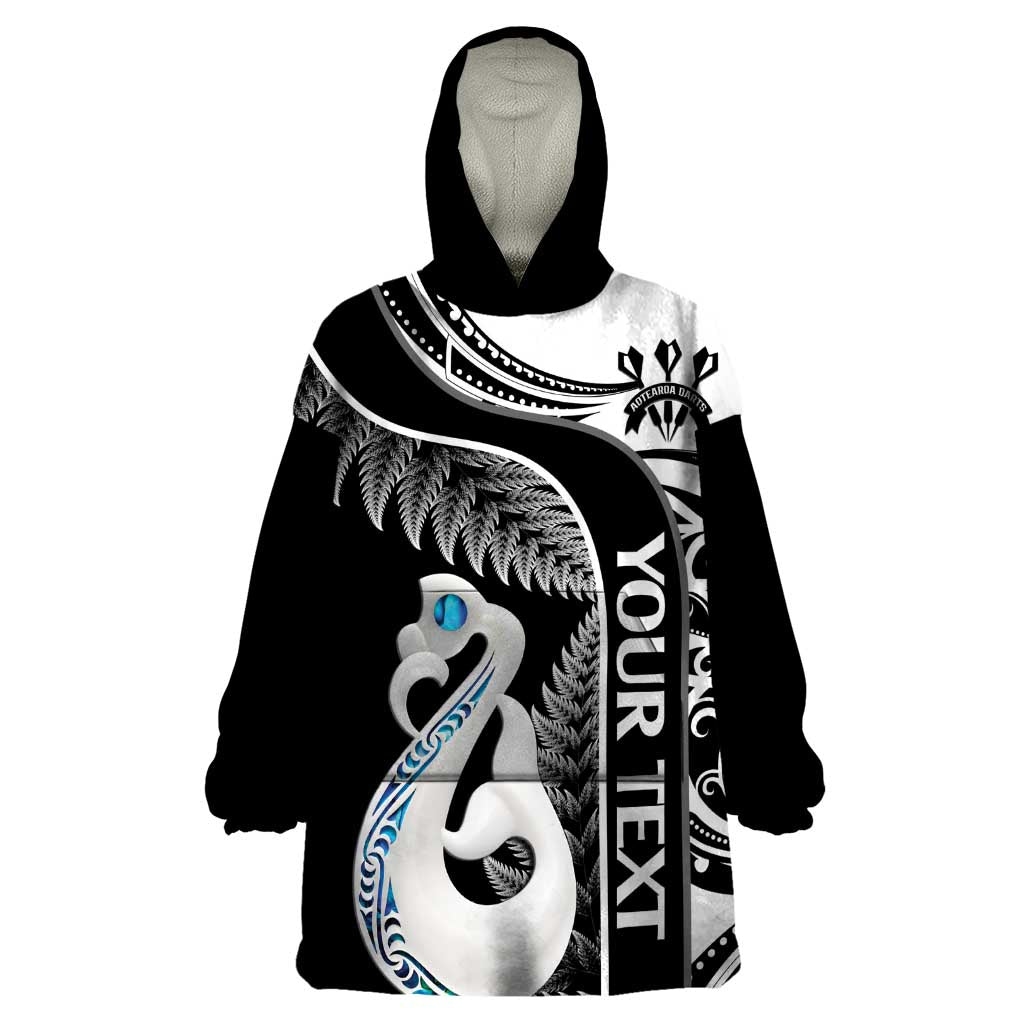 Personalised New Zealand Darts Wearable Blanket Hoodie Aotearoa Fern Mix Paua Shell Manaia - Black